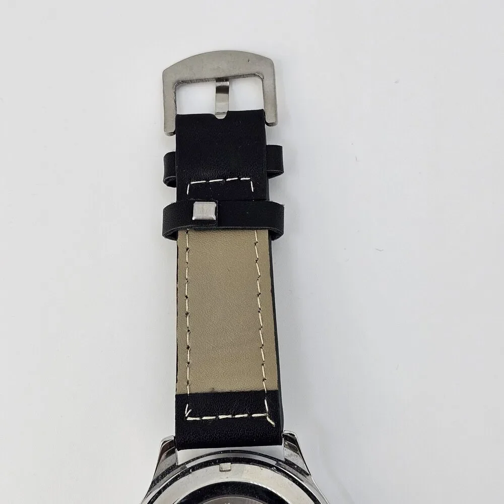 Men's Watch 46MM Large Gray Case Blue‎ Dial Black Leather Bands New Battery